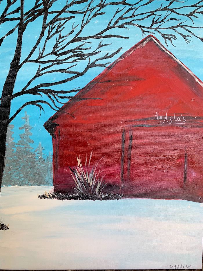 Winter Barn Scene Acrylic Painting