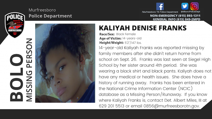 Missing/Runaway Teen BOLO: 14-Year-Old Kaliyah Franks