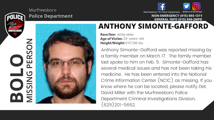 Missing Person Anthony Simonte-Gafford
