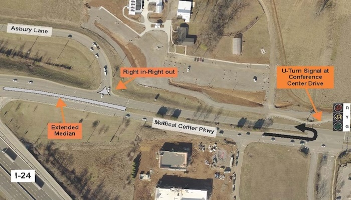 Asbury Lane at Medical Center Pkwy. to become “Right-in” and “Right-out” Only