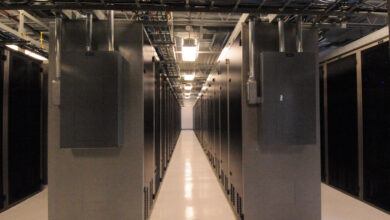 Rows of server racks in a modern edge data center