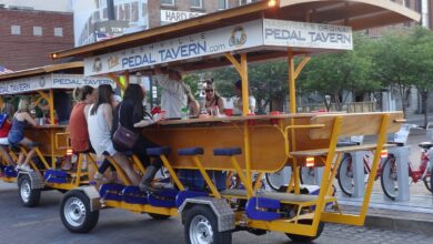 A Nashville pedal tavern party bike rolling down Lower Broadway