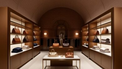 Interior of the new Hermès boutique in Nashville's Wedgewood-Houston, with leather handbags on lit shelves beneath a vaulted brick ceiling