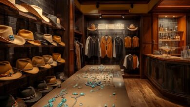Interior of Yellow Rose, a Western-chic boutique in Nashville's 12 South, with a wall of cowboy hats, turquoise jewelry on a display table, and a back bar