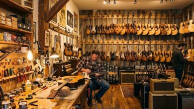 Interior of 8th Avenue Guitar Works in Nashville Waverly-Belmont, a wall of electric and acoustic guitars above a lit repair workbench