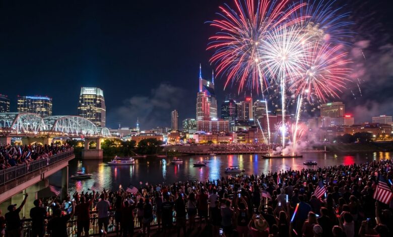 Nashville Fourth of July fireworks in red, white and blue over the Cumberland River and downtown skyline, with a crowd waving flags at Riverfront Park
