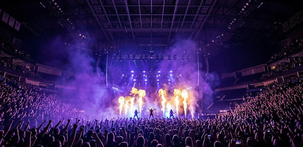 A gothic rock concert inside Bridgestone Arena with purple and blue lighting and pillars of flame