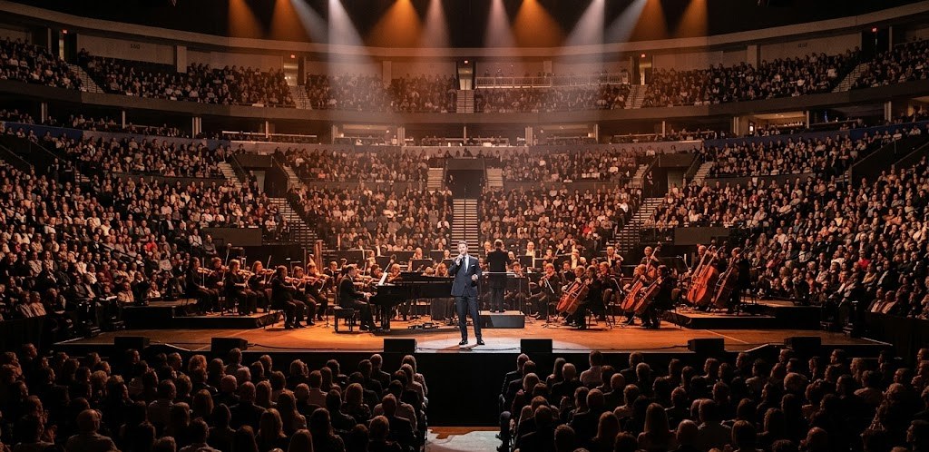An elegant orchestral concert inside Bridgestone Arena with warm amber lighting and a vocalist at center stage