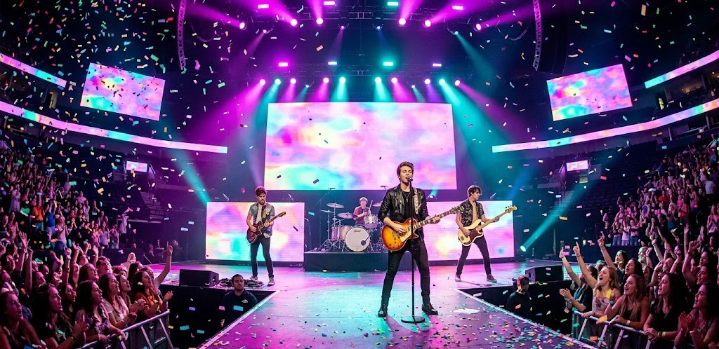 A high-energy pop-rock concert at Bridgestone Arena with pink and teal lighting and confetti falling