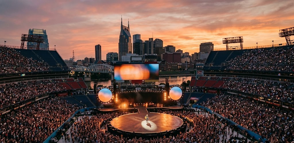 A stadium concert at Nissan Stadium at sunset with the Nashville skyline visible beyond the rim