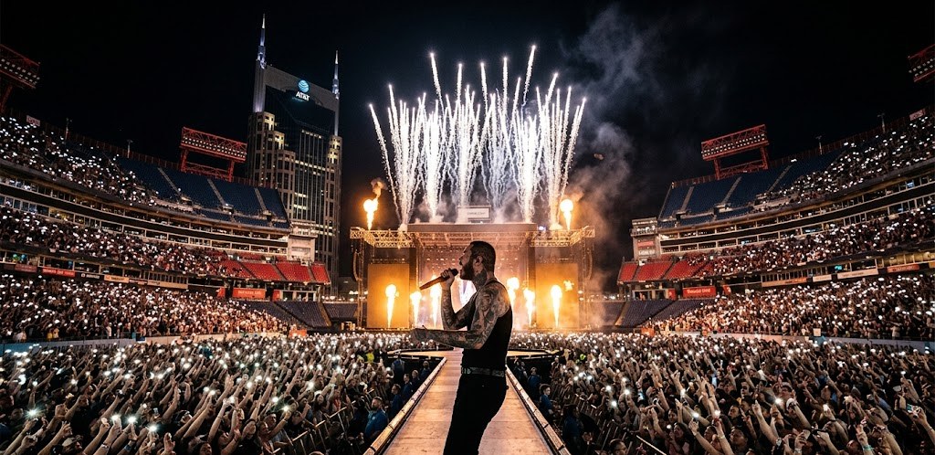 A performer on a catwalk stage at Nissan Stadium at night with fireworks erupting over the stage