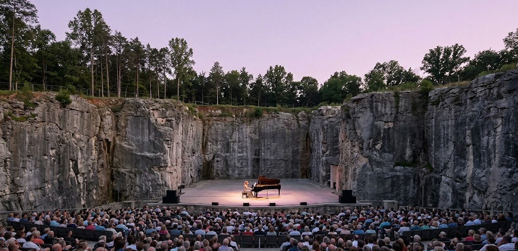A serene dusk concert at FirstBank Amphitheater with limestone quarry walls rising behind the stage