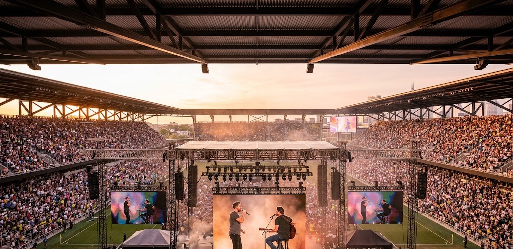 A golden-hour concert at GEODIS Park with a stage built over one end of the soccer pitch and full canopied stands