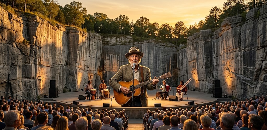 A folk performer with acoustic guitar on stage at FirstBank Amphitheater as golden sunset light rakes across the quarry walls
