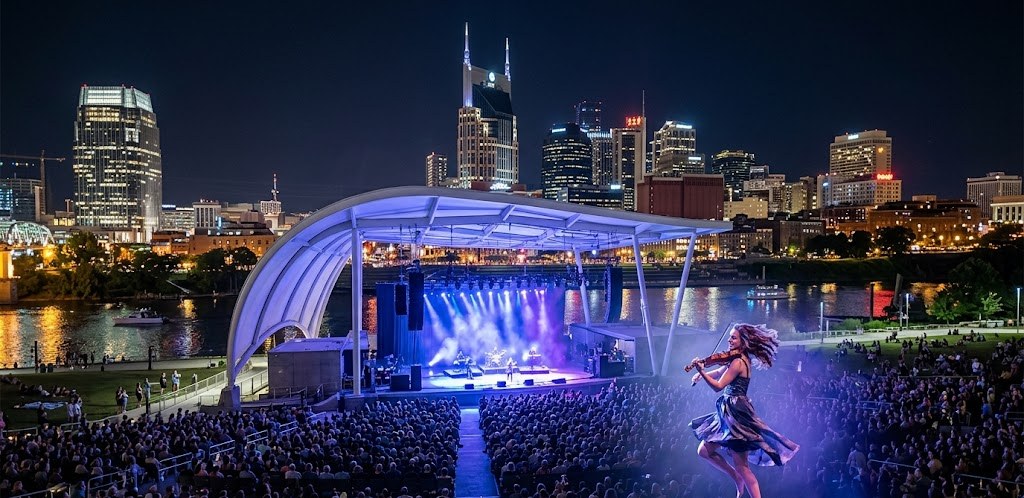 A violinist performing under blue and violet lights at Ascend Amphitheater with the Nashville skyline glowing behind the venue