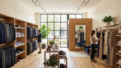 Interior of the Oak Hall clothier at McEwen Northside near Franklin, with tailored menswear and womenswear on light-oak racks in a bright contemporary boutique