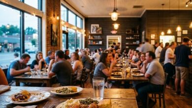 Warm interior of an independent neighborhood restaurant at dinner