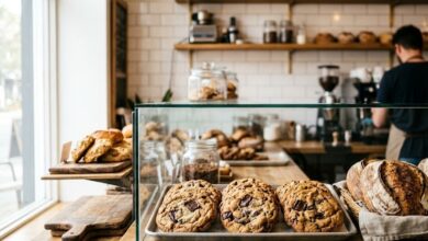 Trays of thick golden cookies and artisan loaves in a neighborhood bakery case