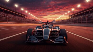 IndyCar race car speeding under the lights at a high-banked superspeedway oval at night