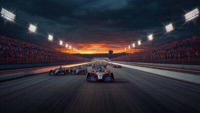 IndyCar open-wheel race cars speeding under stadium lights at dusk on a superspeedway oval with packed grandstands