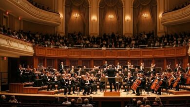 A symphony orchestra performs in an elegant concert hall