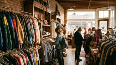 Racks of secondhand clothing in a brick-walled East Nashville resale shop with shoppers browsing