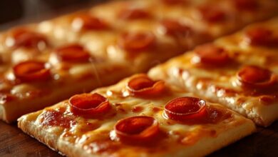 Close-up of Sicilian-style square pizza slices topped with crispy curled pepperoni cups on a wooden counter