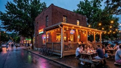 A casual Tex-Mex restaurant patio glowing with string lights on a Nashville evening