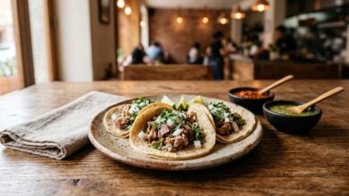 Mexico City style street tacos with onion, cilantro and lime on a ceramic plate beside red and green salsa in a warm restaurant setting (illustrative)