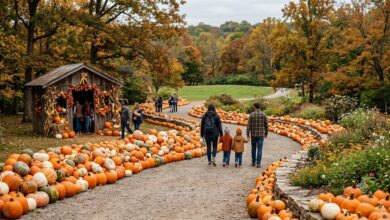 Autumn garden path lined with pumpkins and early fall foliage (illustrative)