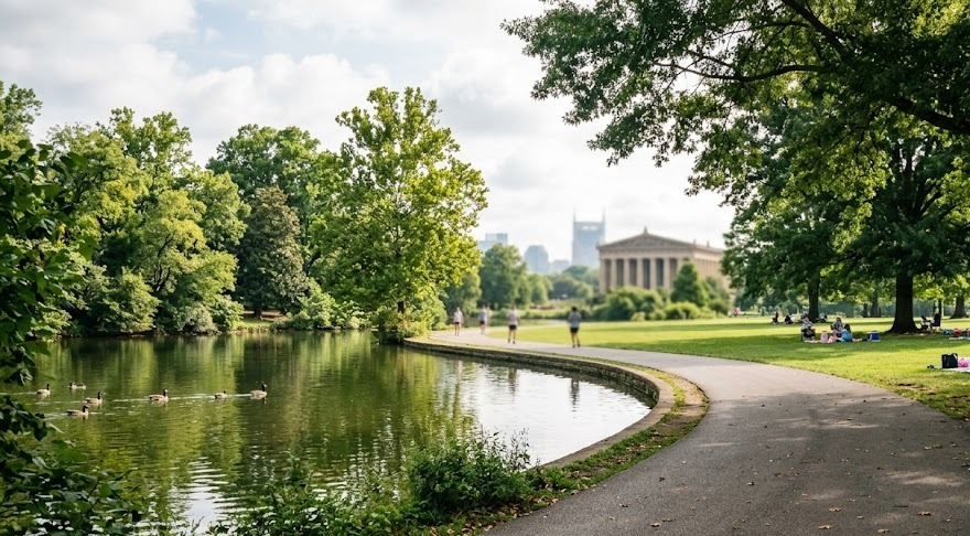 A shaded lake loop path in a large city park (illustrative)