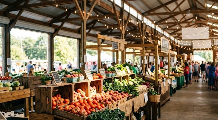 An open-air farmers market hall with produce stalls (illustrative)