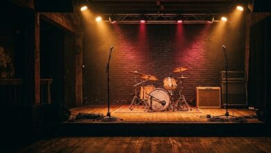 An empty music venue stage with brick walls and warm stage lighting in Nashville (illustrative)