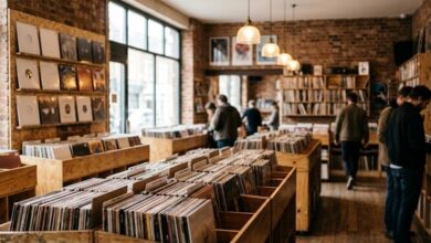 Interior of an independent vinyl record shop with wooden browsing bins and warm pendant lighting (illustrative)