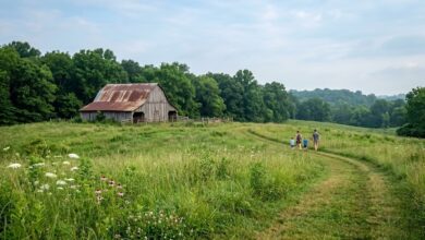 A weathered barn at the edge of a wildflower meadow with a mown trail and a family walking, Middle Tennessee park (illustrative)