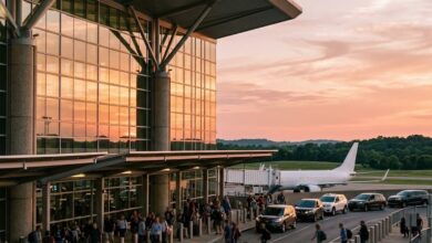 Airport terminal exterior at golden hour with a commercial jet at the gate, representing Nashville International Airport (illustrative)