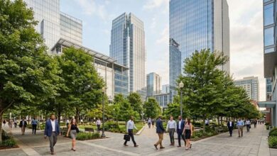 Modern glass office towers above a tree-lined downtown Nashville plaza with people walking (illustrative)