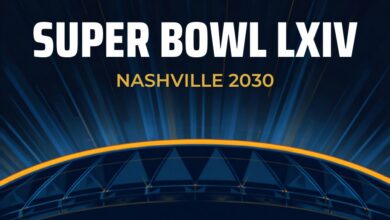 Graphic reading Super Bowl LXIV Nashville 2030 over a stylized domed stadium roofline