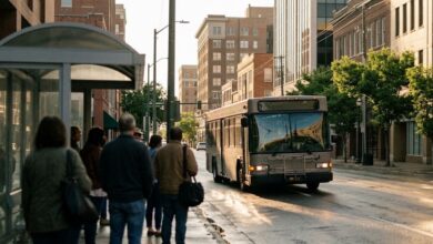 Commuters wait at a covered sidewalk shelter as a city transit bus pulls up on a downtown street in late-afternoon light (illustrative)