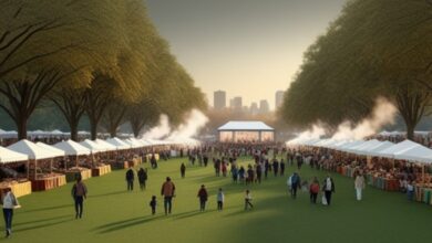 Rows of white vendor canopies and a crowd on a green park lawn at an outdoor cultural festival with a city skyline behind the trees (illustrative)