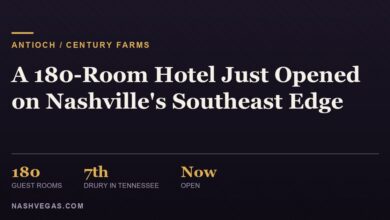 J3 Media editorial graphic announcing a 180-room hotel opening at Century Farms in Antioch on Nashville's southeast edge (illustrative)