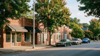 A tree-lined brick storefront street on an autumn morning (illustrative)