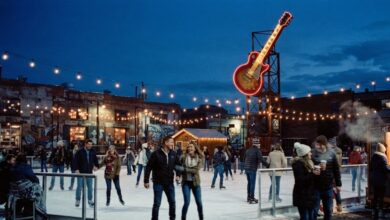 Skaters on an outdoor winter ice rink beneath a giant guitar sign in Wedgewood-Houston, Nashville (illustrative)