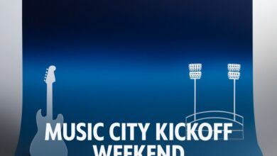 Illustrative banner for Music City Kickoff weekend in Nashville, Sept. 5-6, 2026, at Ascend Amphitheater and Nissan Stadium (illustrative)