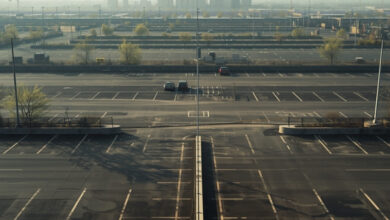 Large, mostly empty downtown surface parking lots in morning haze with office towers and construction cranes on the horizon, representative of state-owned lots near the Tennessee Capitol (illustrative)