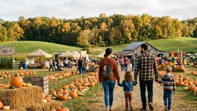 Family walking through a pumpkin patch at a Middle Tennessee fall festival (illustrative)