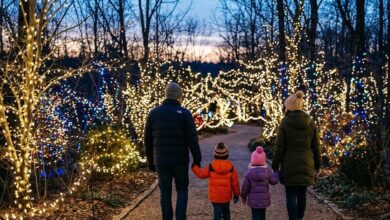 Family walking a path lined with holiday lights at a botanical garden at dusk (illustrative)