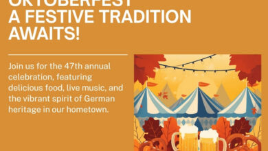 Illustrative festival graphic with Bavarian blue and white accents, steins, pretzels and autumn leaves representing the 47th annual Nashville Oktoberfest, Oct. 1-4, 2026 (illustrative)