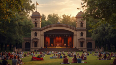 An Elizabethan-style timber stage with two towers and pennant flags set inside a park band shell, audience seated on the grass at golden hour (illustrative)
