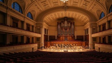 Empty symphony concert hall stage in Nashville at dusk (illustrative)
